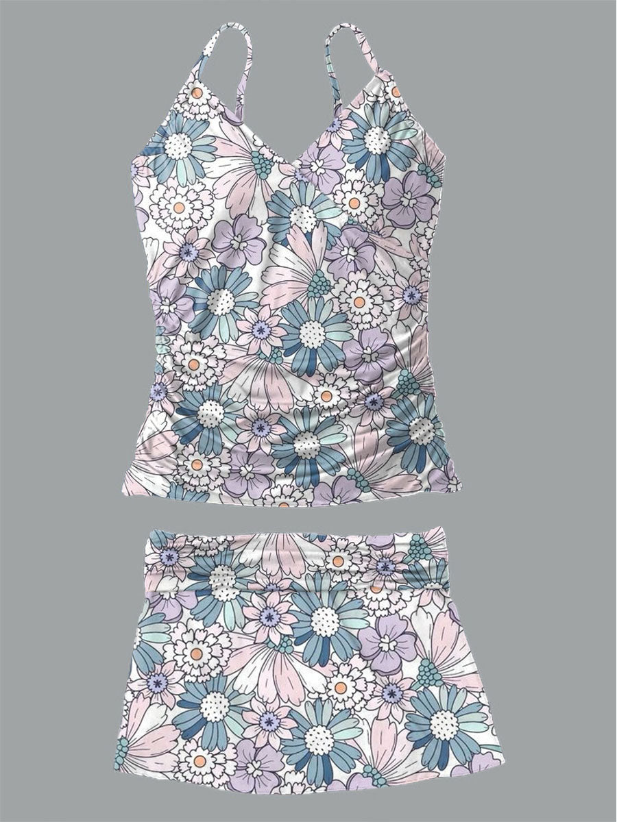 Women's Floral Print Suspender Shirred Swimsuit Set