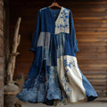 Women's Japanese Geometric Cherry Blossom Embroidery Patchwork Cotton And Linen Dress elevenforest