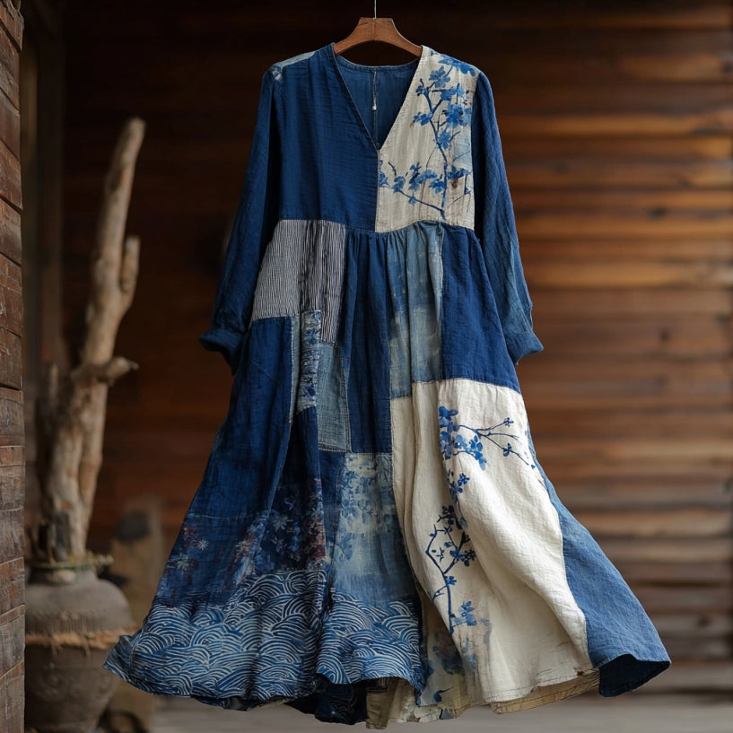 Women's Japanese Geometric Cherry Blossom Embroidery Patchwork Cotton And Linen Dress elevenforest