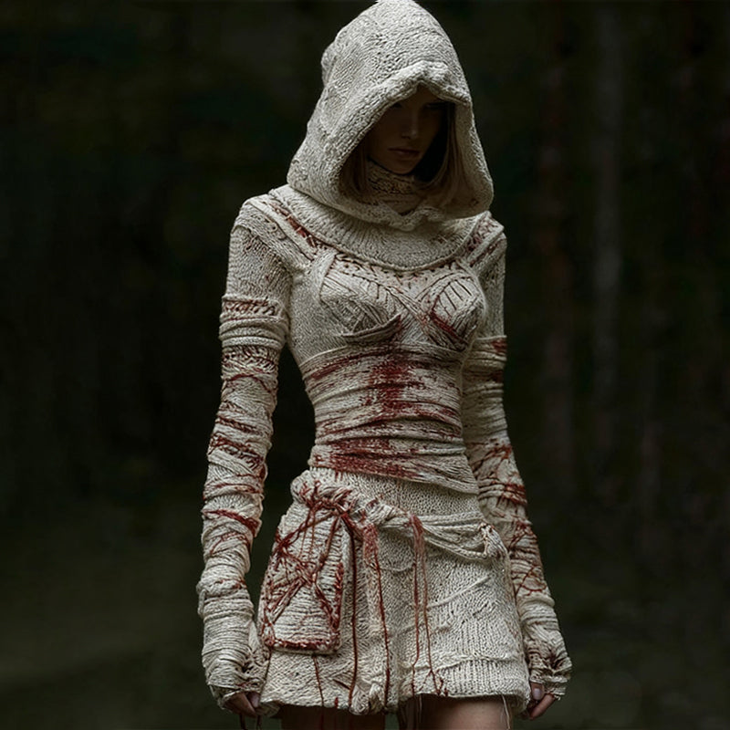 Women's Halloween Bandage Art Cozy Knit Hooded Sweater Mini Dress artswardrobe