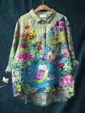 Vintage Lovely Cat Floral Art Print Casual Cotton And Linen Shirt