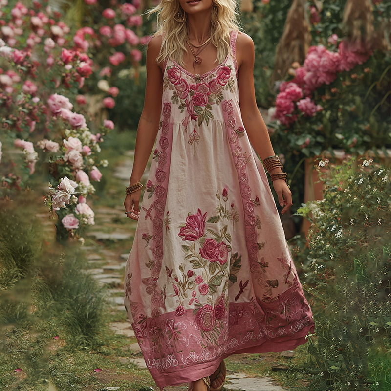 Women's Vintage Floral Embroidery V Neck Tank Midi Dress elevenforest