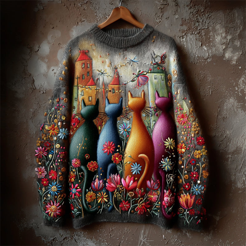 Boho Colorful Cats Floral Embroidered Cozy Knit Sweater elevenforest