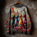 Comstylish Boho Colorful Cats Floral Embroidered Cozy Knit Sweater