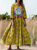 Women's Floral Hippie Art Print Flowy V-Neck Cotton Dress