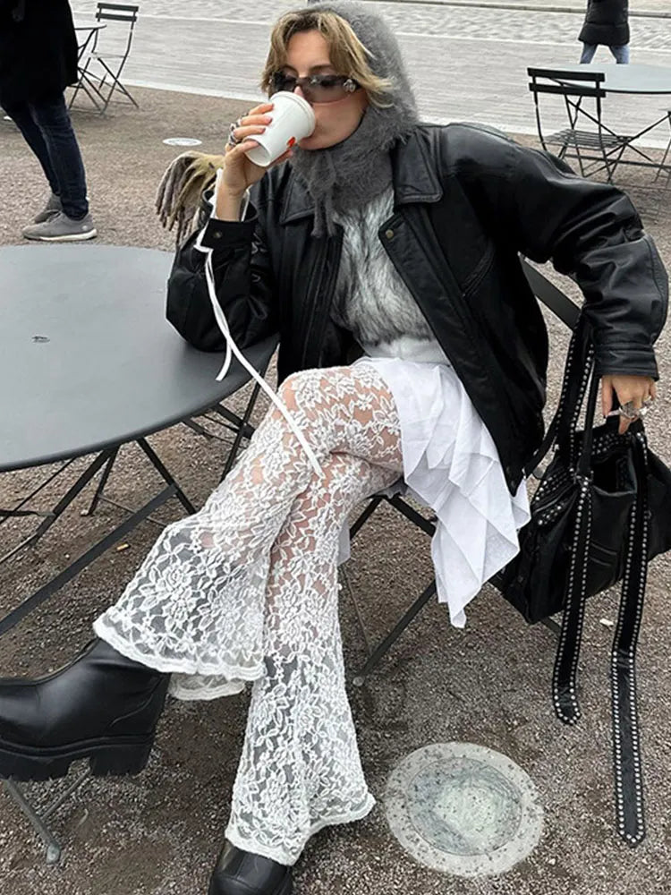 Taruxy See Through Lace Pants Summer Mesh Splice Culottes Pants Holiday Loose Femme Pantskirt