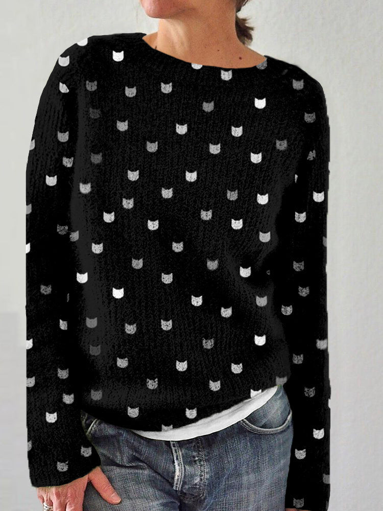 Cute Little Kitty Pattern Crew Neck Cozy Sweater elevenforest