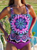 Purple and Pink Vintage Mandala Flowers Women's Summer Beach Halter Top And Solid Color Triangle Briefs Tankini Set