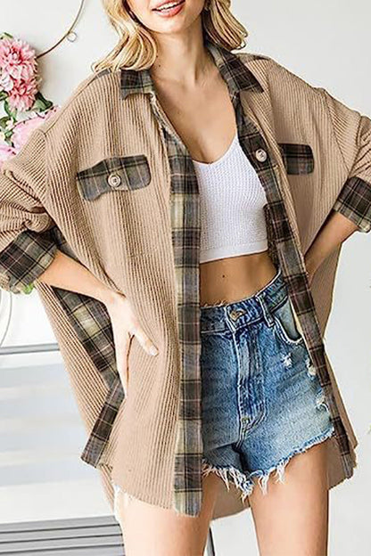 Color Block Pocket Contrast Turndown Collar Tops