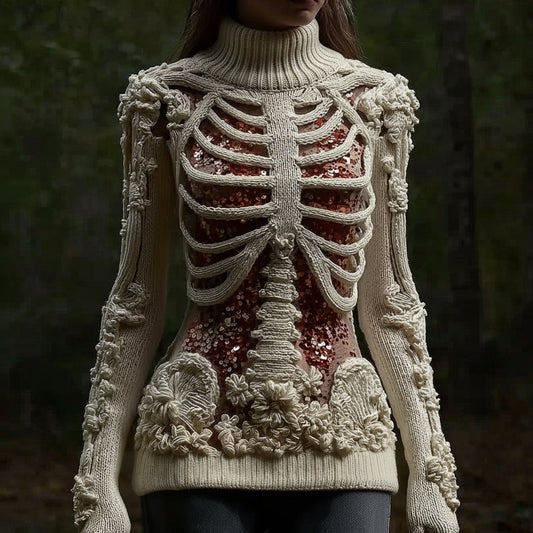 Women's Halloween Skull Sequin Art Knitted Warm Turtleneck Sweater artswardrobe