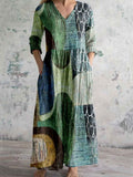 Women's Art Geometric Textured V-Neck Cotton and Linen Dress with Pock