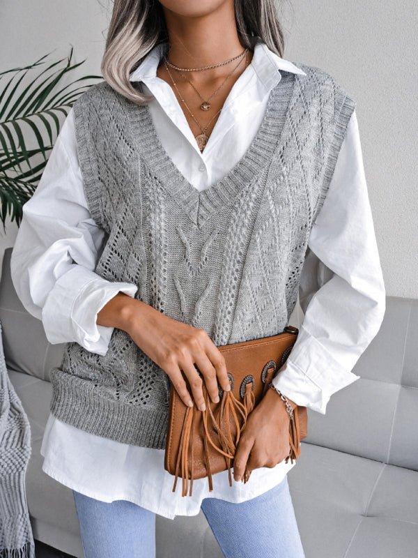 Vega® | Women'S Knitted Sweater With Hollow Out Fried Dough And V-Neck
