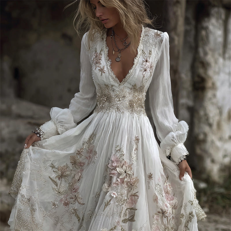 Vintage Lily Floral Lace Flowy Linen Maxi Dress elevenforest