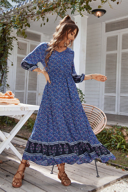 Print Puff Sleeve Loose Maxi Dress Blue