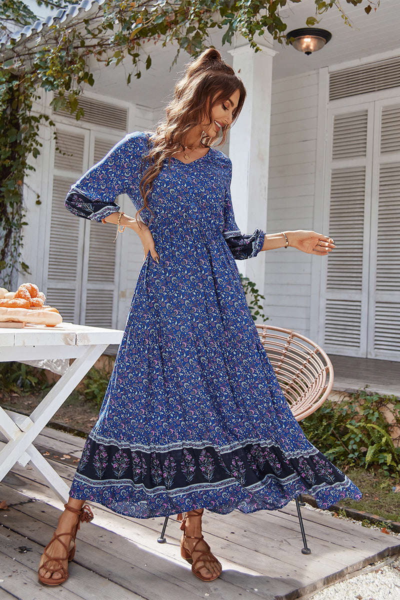 Print Puff Sleeve Loose Maxi Dress Blue