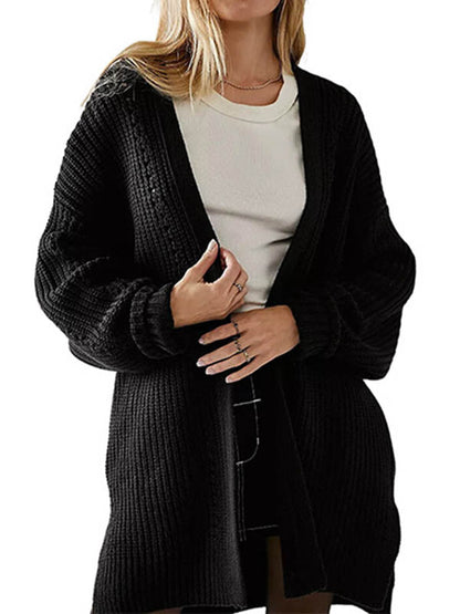 High-low Long Sleeves Hollow Color Collarless Cardigan Tops