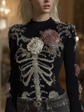 Comstylish Halloween Human Anatomy Style Bone Pattern And Flower Pattern Combined Design Women's Round Neck Knit Sweater