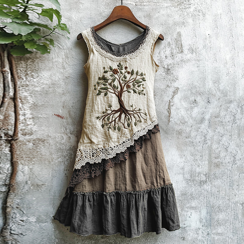 Viking Celtic Tree Of Life Lace Art Patchwork Linen Tank Dress elevenforest