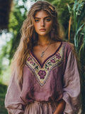 Vintage Classy Purple Floral Embroidered Linen Blend Tunic elevenforest