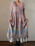 Women's Floral Embellished Pattern Art Print V-Neck Pocket Cotton Dres