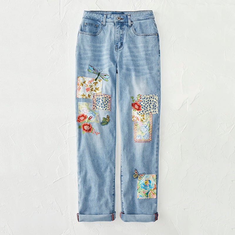 Vintage Floral Dragonfly Patch Embroidery Art Design Jeans elevenforest