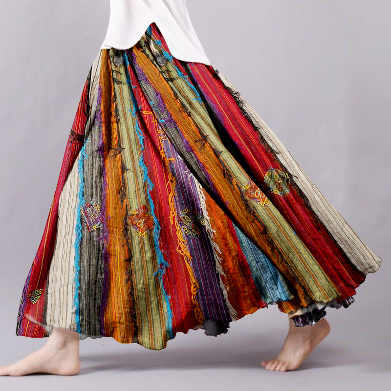 Boho Colorful Textile Flowy Linen Blend Wide Skirt elevenforest
