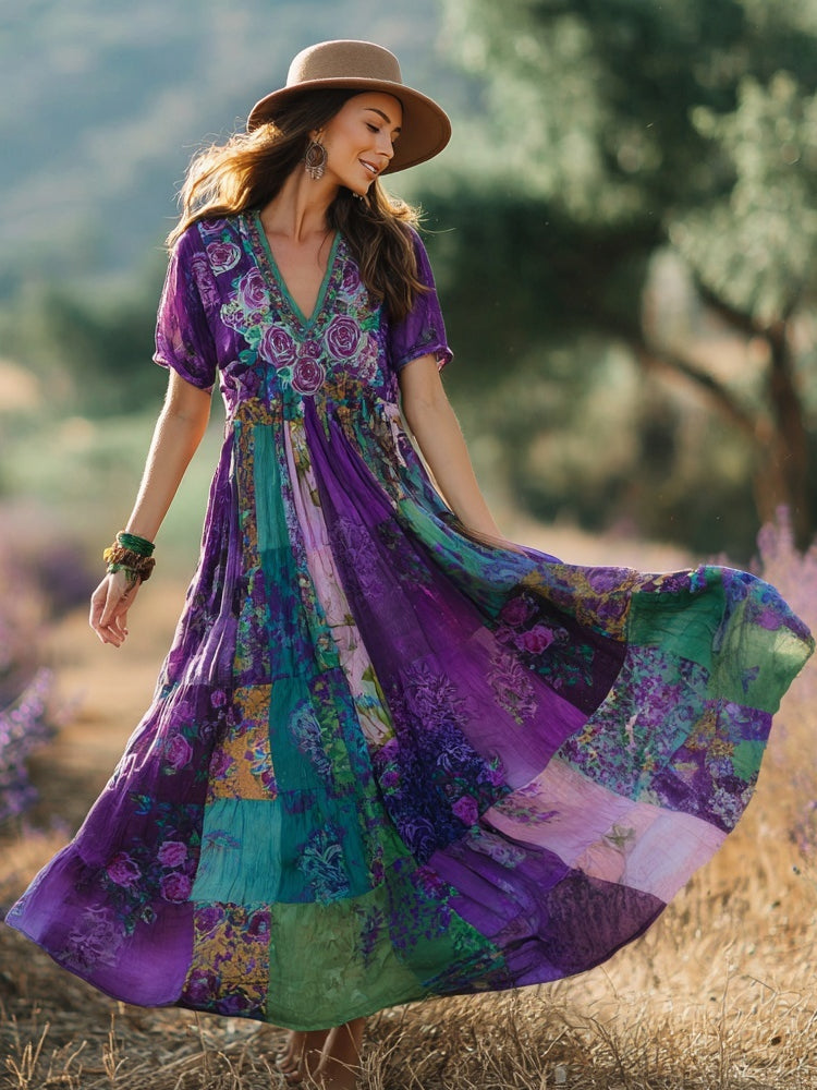 Vintage Purple Flowers Patchwork Linen Maxi Dress elevenforest