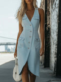 Casual Fashion V-Neck Front Button Tulip Shape Hem Light Blue Denim Midi Dress