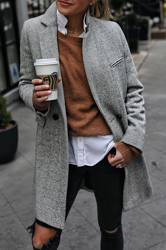Street Striped Patchwork Buckle Turndown Collar Outerwear(3 Colors)