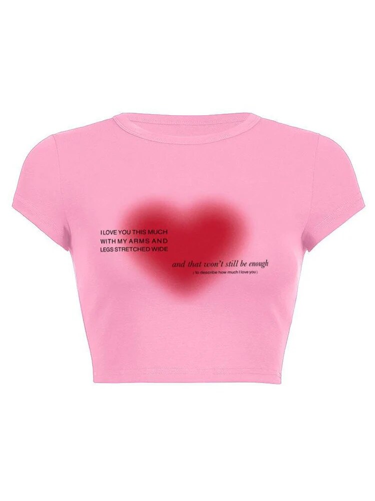 Aesthetic Heart Print T-shirt Anime Letter Kawaii 90’s Crop Tops Summer Short Sleeve Tees Kpop Y2k Clothes Lady