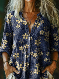 Women's Vintage Floral Art Print Casual Cotton Linen Shirt