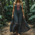 Women's Retro Ethnic Style Ribbon Embroidered Sleeveless Linen V-neck Maxi Dress elevenforest