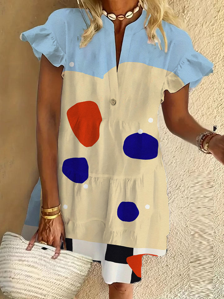 Geometric art ruffle short-sleeved V-neck button dress holiday beach dress