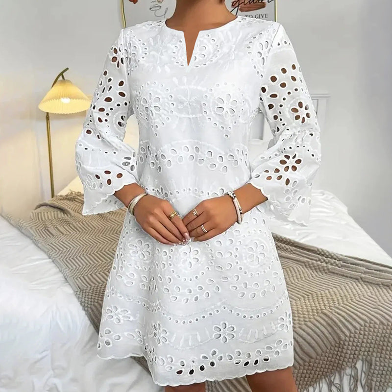 Elegant Lace Embroidery Art Long Sleeve V-neck Midi Dress elevenforest