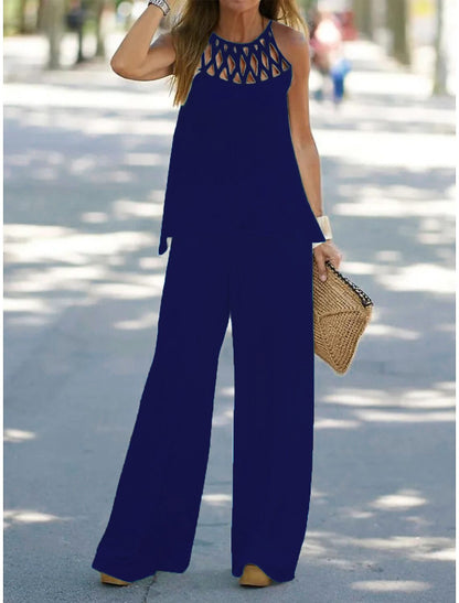 Autumn Spring Mesh Irregular Asymmetric Top Wide Leg Pants Two Piece Set