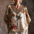 Bohemian Style Three-dimensional Dragonfly Embroidery Linen Texture Vintage V-neck Short-sleeved Shirt