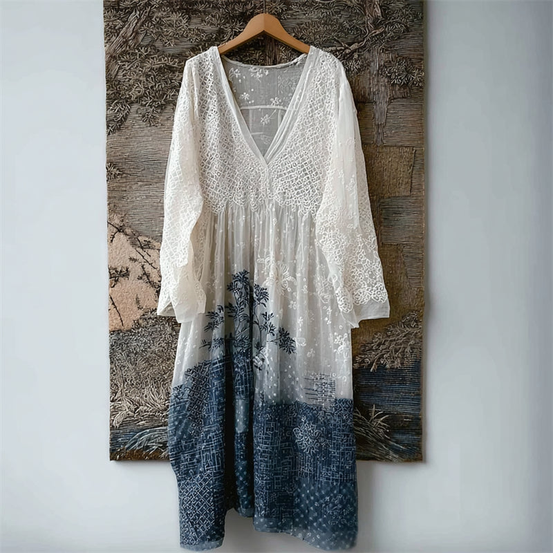 Japanese Floral Sashiko Contrast Lace Flowy Maxi Dress elevenforest