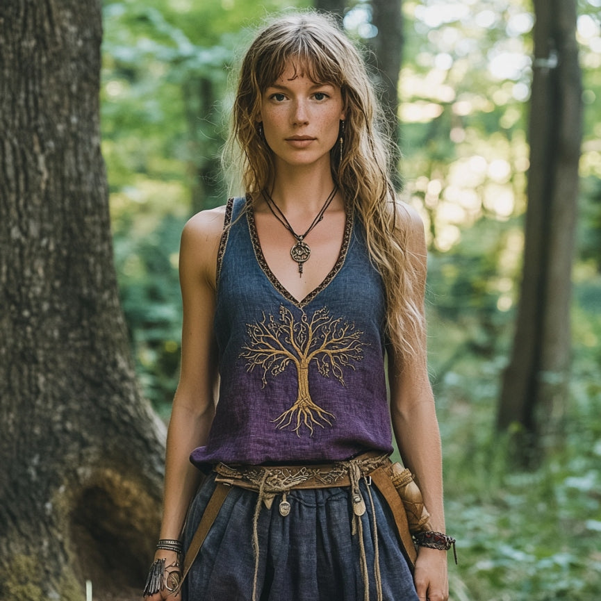 Women's Viking Tree Of Life Gradient V-neck Tank Top elevenforest
