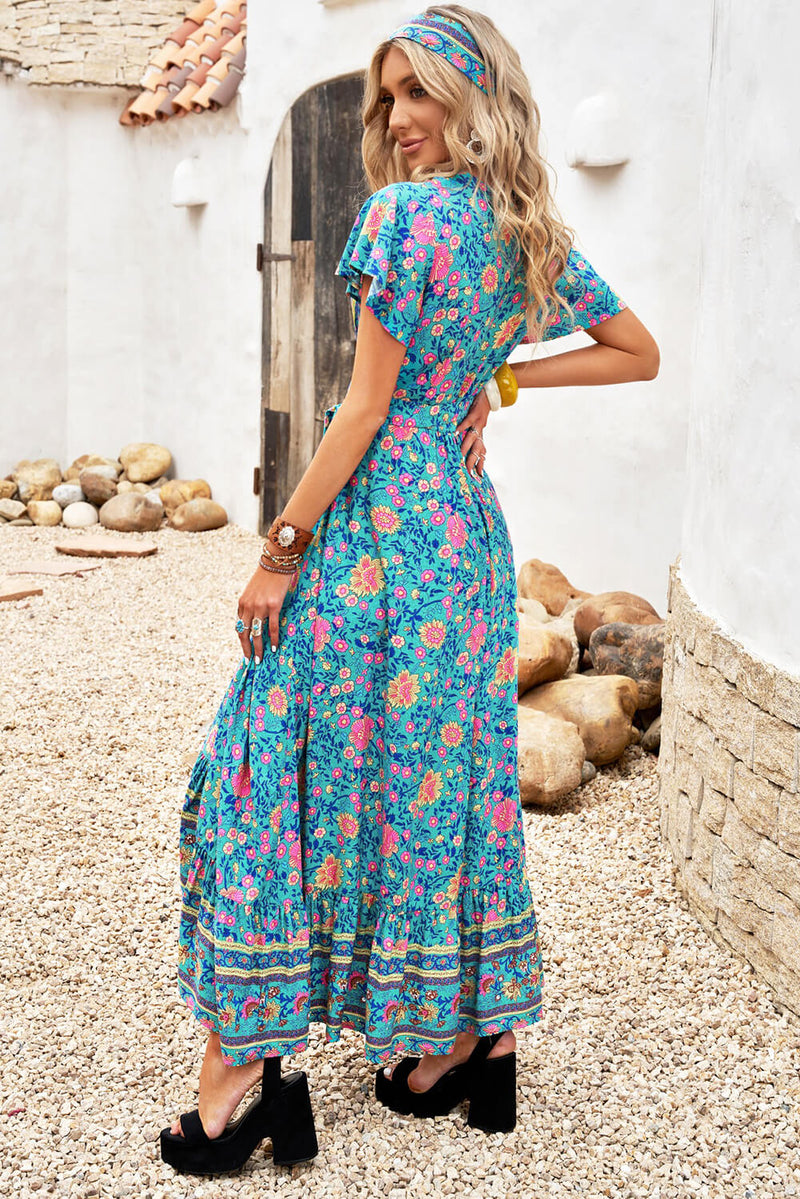 Flared Sleeve Wrapover Lace Up Maxi Dress