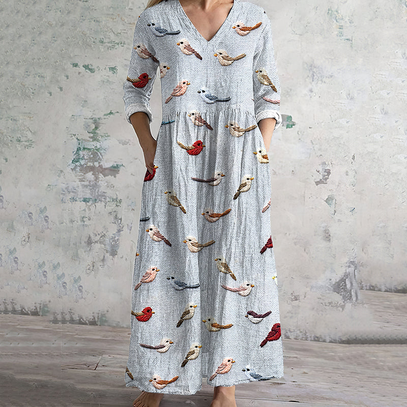 Women's Vintage Bohemian Birds Embroidered Dress elevenforest