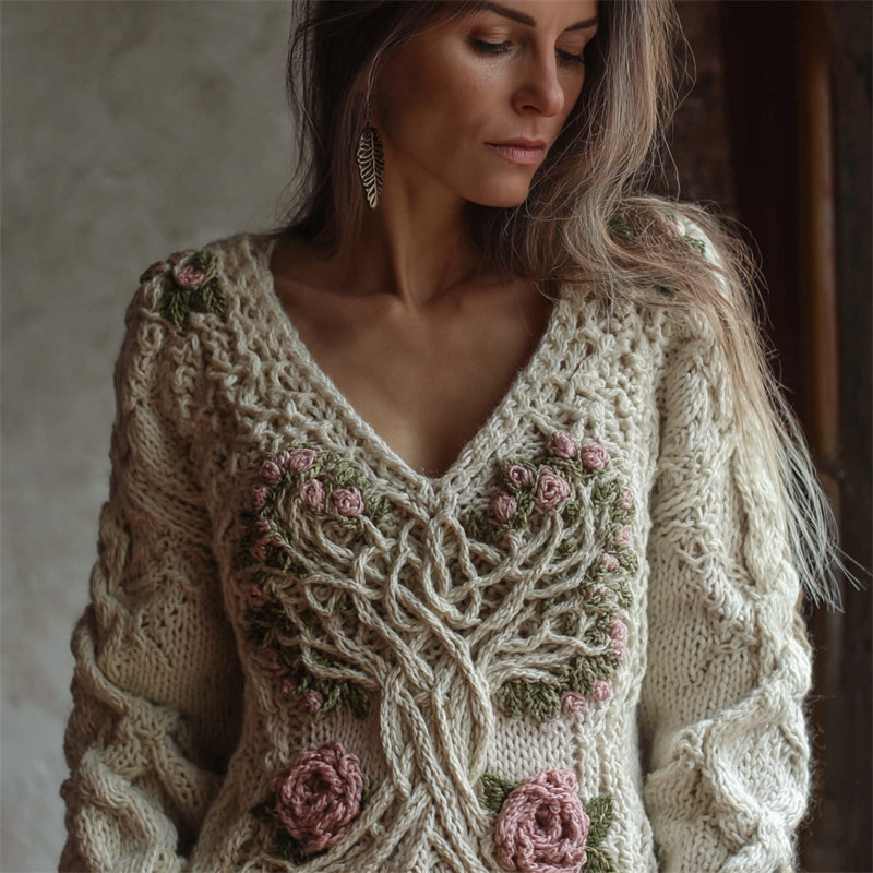 Comstylish Vintage Pink Roses Tree Of Life Celtic Chunky Sweater