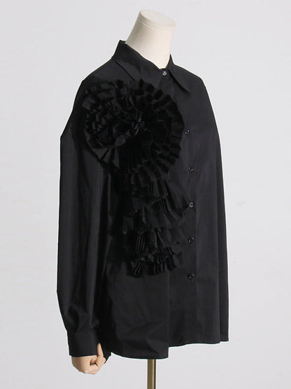 Long Sleeves Loose Asymmetric Buttoned Pleated Color Split-joint Three-dimensional Flower Lapel Blouses&shirts Tops