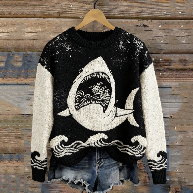 Cruel Shark Sea Waves Japanese Lino Knit Cozy Sweater elevenforest