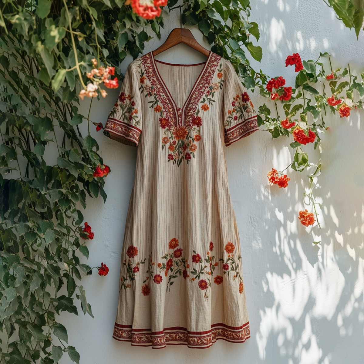 Women's Vintage Embroidered Flower V-neck Loose Midi Dress elevenforest