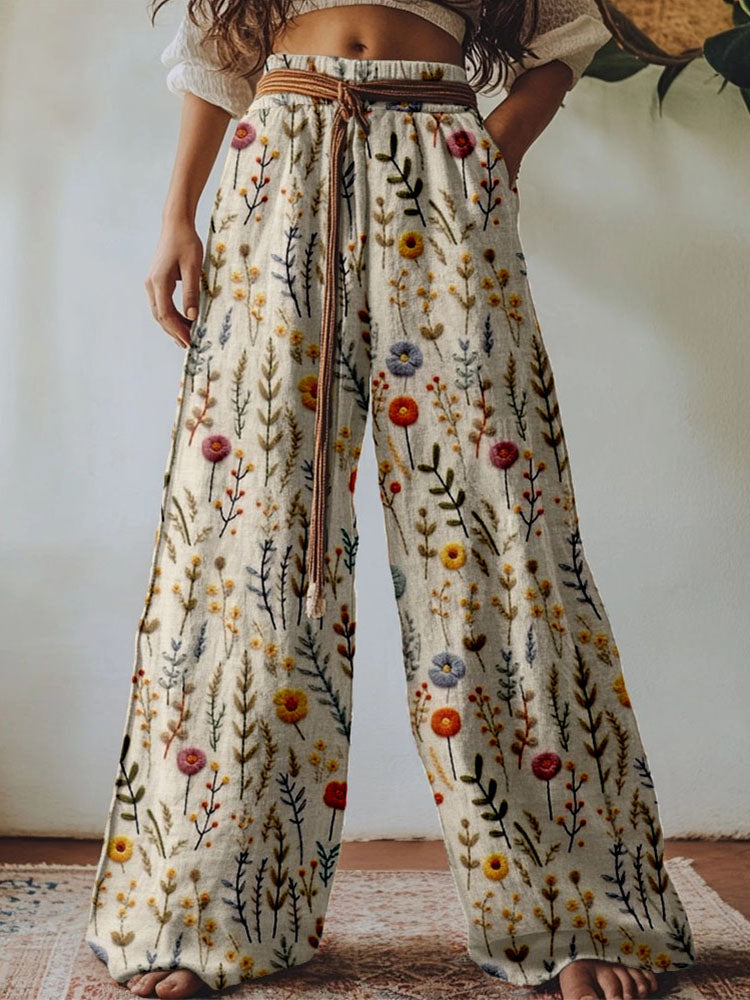 Vintage Boho Flowers Embroidered Linen Blend Casual Pants elevenforest