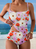 Women's Floral Art Print Summer Beach Halter Top And Solid Color Triangle Briefs Tankini Set