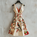Women's Vintage Flower And Bird Art Linen Sleeveless Dress elevenforest