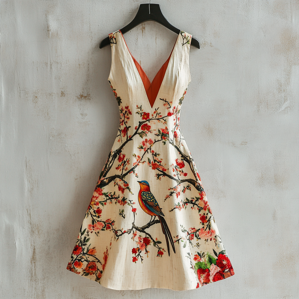 Women's Vintage Flower And Bird Art Linen Sleeveless Dress elevenforest