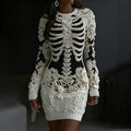Comstylish Women's Halloween Skull Floral Pattern Art Cozy Knit Mini Sweater Dress