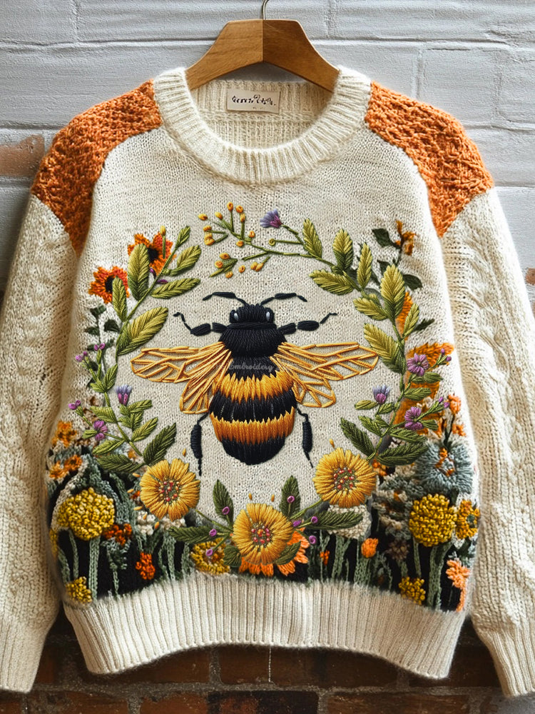 Fall Bee Floral Embroidered Vintage Cozy Knit Sweater artswardrobe